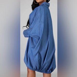 Oversized Collard Button Down Shirt Dress Blue One Size With Pockets